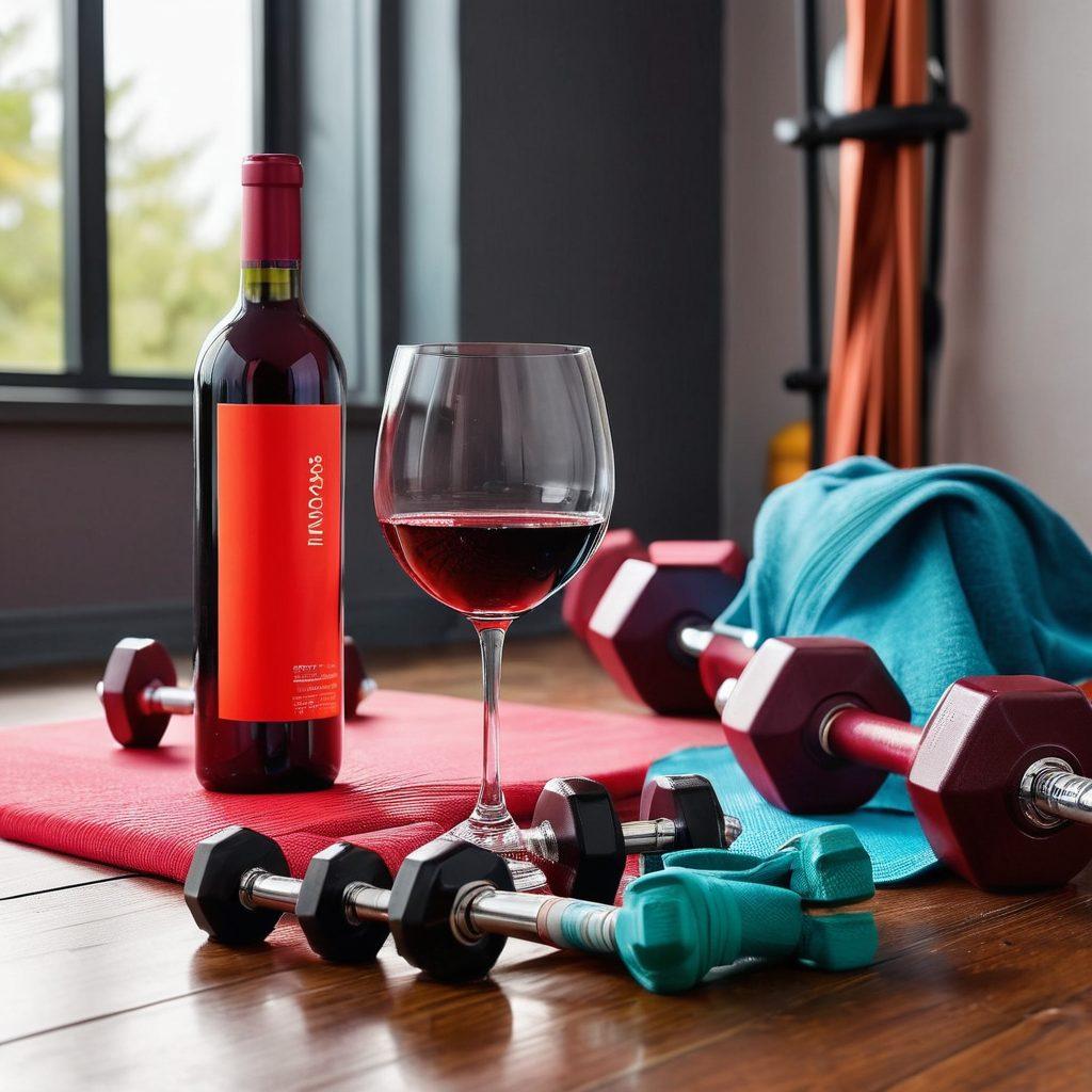 A creatively arranged scene showcasing a wine bottle and glass set on a gym bench, surrounded by dumbbells and resistance bands. The background is filled with vibrant workout gear, with a hint of a stylish fitness studio. The wine glass has a slight condensation effect, indicating freshness, while the wine is a deep, rich red. The atmosphere is light and motivational, merging fitness with relaxation. super-realistic. vibrant colors. dynamic composition.