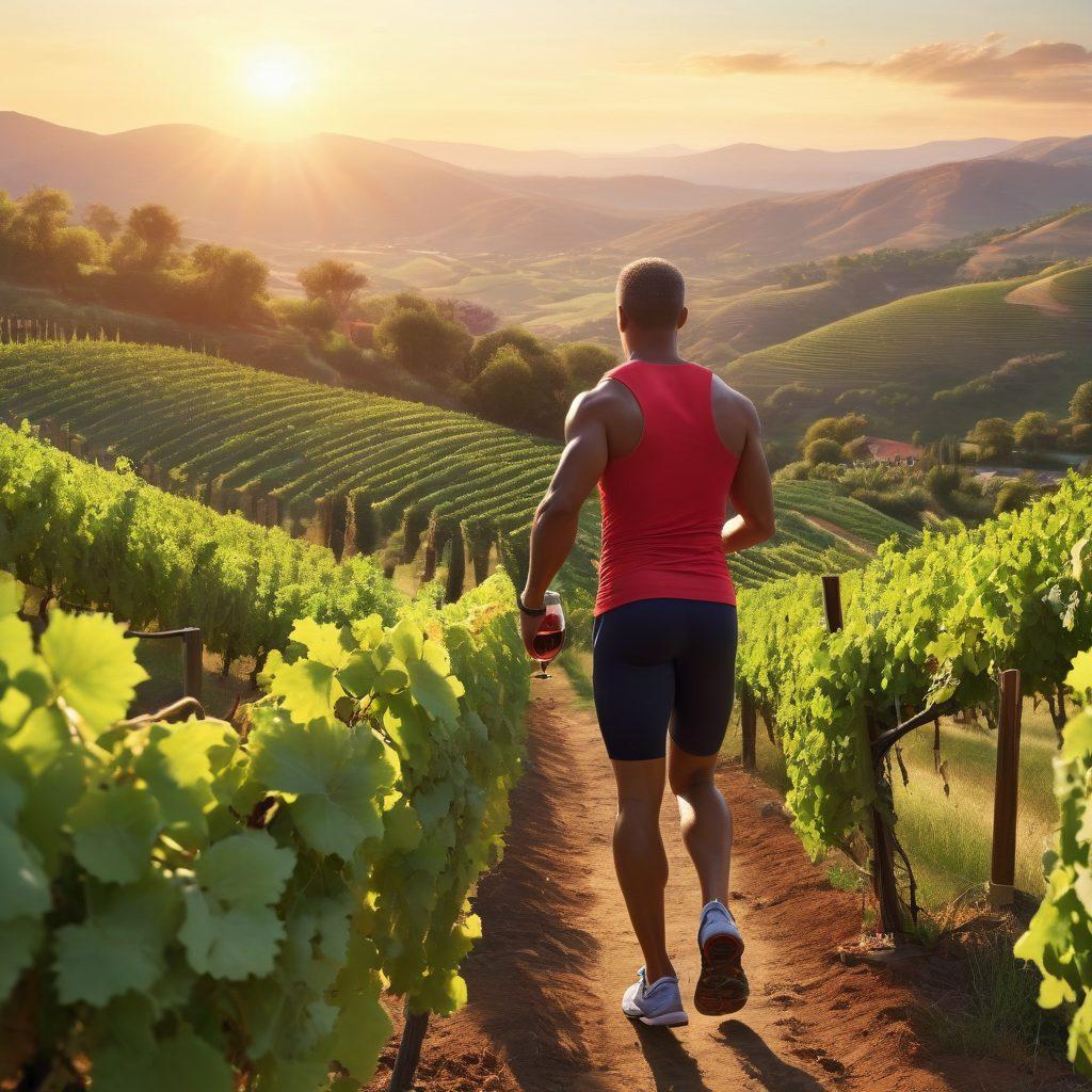 A dynamic scene blending lush vineyards with fitness elements, showcasing a runner sipping wine amidst grapevines, surrounded by vibrant greenery and rolling hills. The composition captures the essence of wellness, with a backdrop of sunrise illuminating the grapes and emphasizing the harmony between nature and exercise. Super-realistic. Vibrant colors. 3D.
